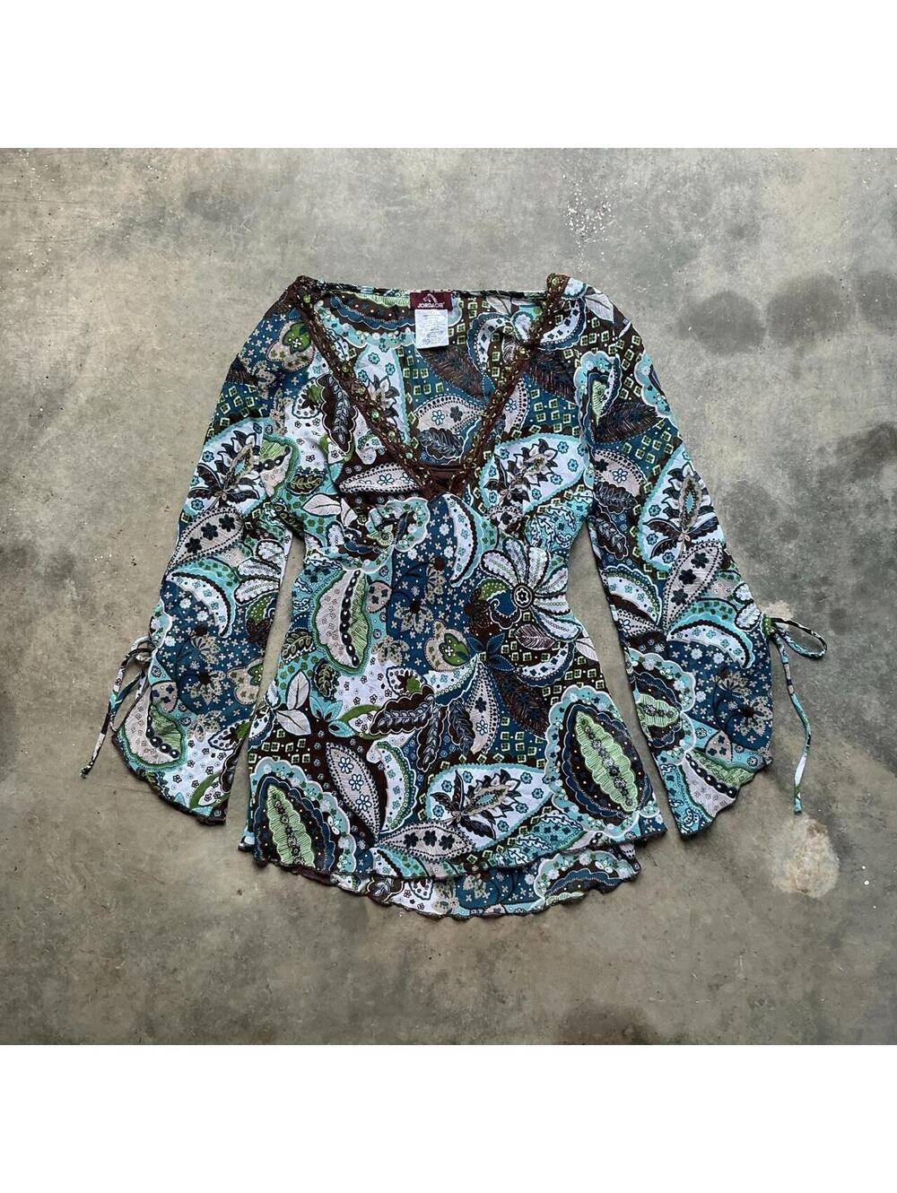 Jordache Paisley Boho Peasant Blouse | Y2K Sheer Bell Sleeve Tie Waist Top